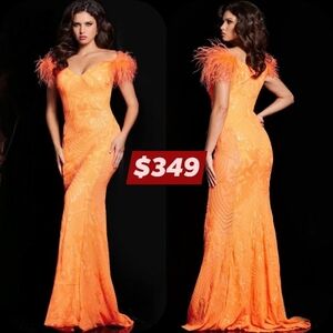 Jovani Vibrant Orange Feathered Maxi Dress